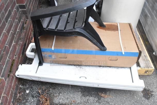Brand new scratch and dent pallet lot with Ecolab HDCARE Conic Bag Dispenser, Eaton SCB1457009, black patio chair.