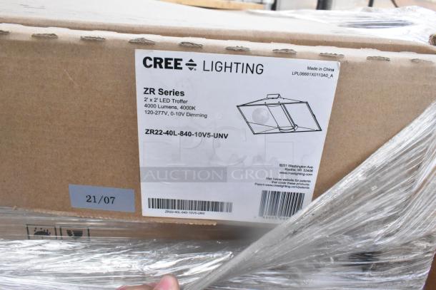 Box labeled "Cree Lighting ZR Series 2'x2' LED Troffer, 4000 Lumens, 4000K, 120-277V, 0-10V Dimming, ZR22-40L-840-10V5-UNV."