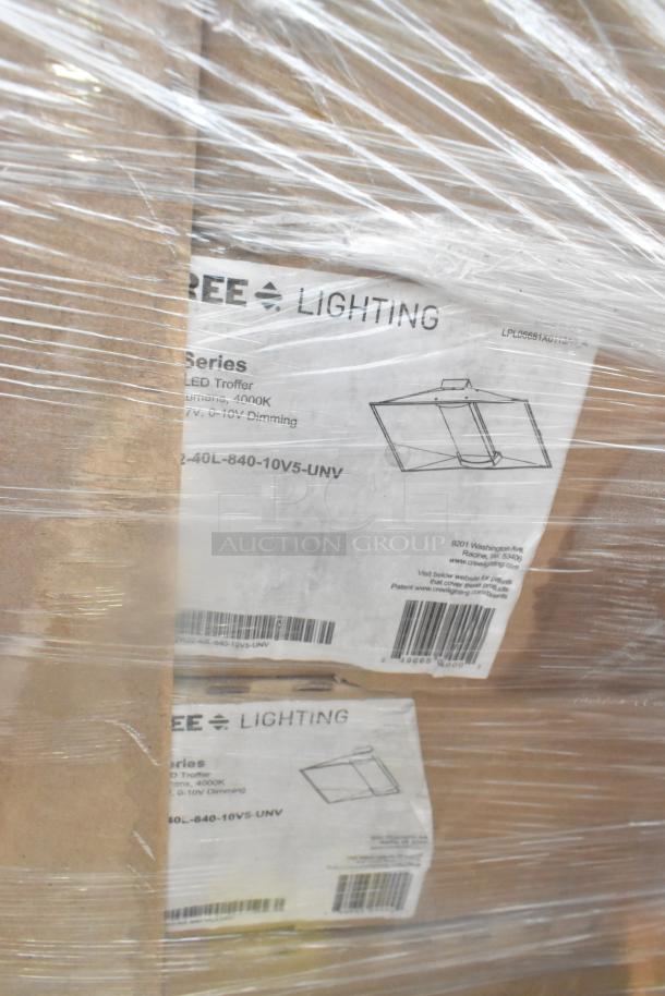 Pallet lot of Cree Lighting ZR Series 2'x2' LED Troffers. Brand new, scratch and dent. Wrapped with visible labels.