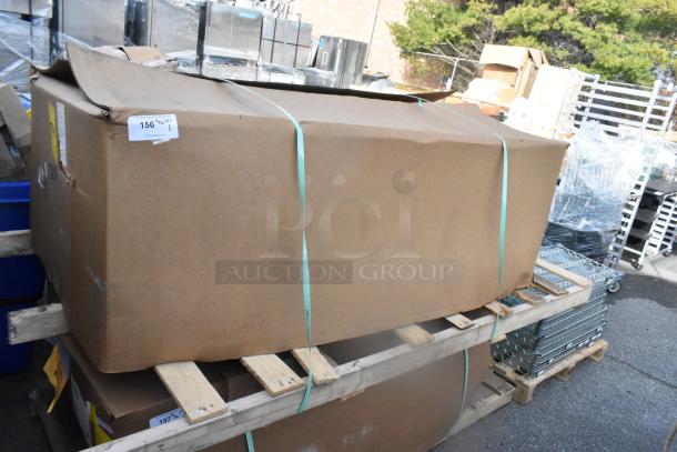 Brand new, scratch and dent condition, 3-compartment recycle bin model 100635260 in shipping box on a pallet.