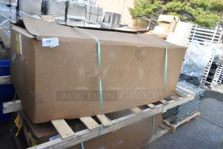 Brand new, scratch and dent condition, 3-compartment recycle bin model 100635260 in shipping box on a pallet.