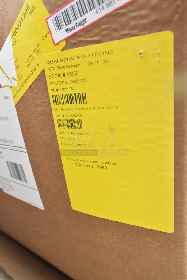 Brand new scratch and dent 3-compartment recycle bin, model 100635260, in original packaging.