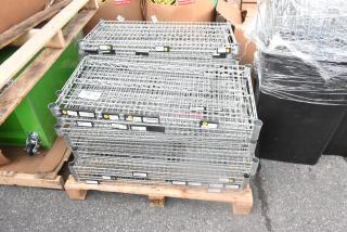 Pallet lot of chrome finish wire shelves, stacked, featuring visible product tags and labels. Condition appears new.