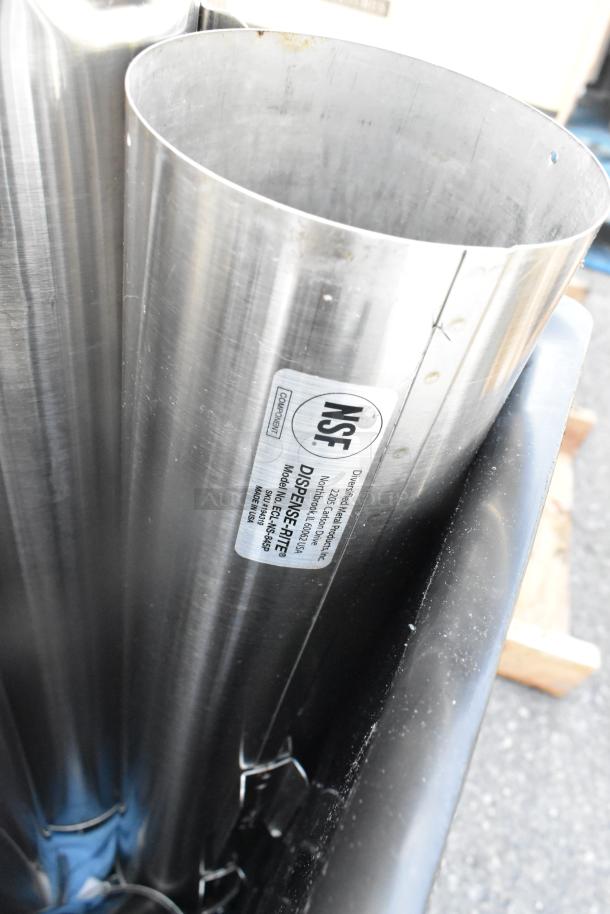 Lot of 3 black Poly Slim Jim trash cans with contents; includes NSF certified steel cup dispensers, Dispense-Rite model ADJ-2SS.