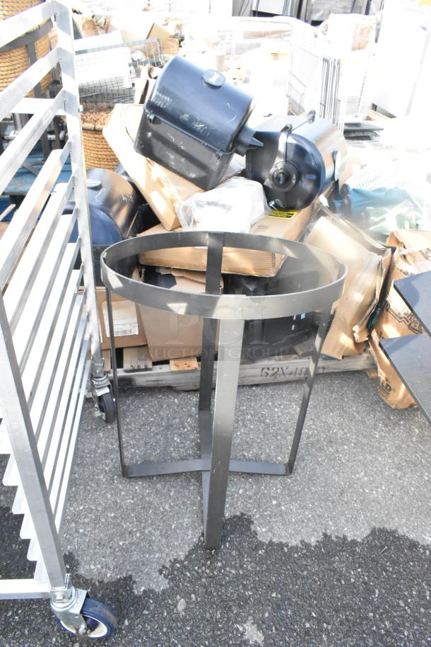 Two metal commercial items: Mixing bowl stand and pan transport rack on casters. Used condition.