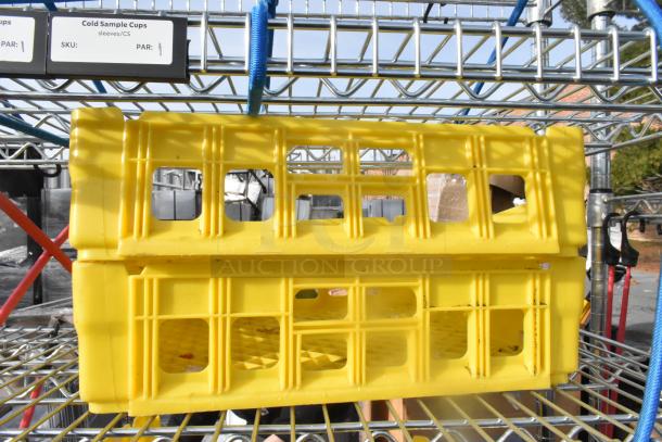Chrome finish 6-tier wire shelving with contents, including yellow poly bins. Note: Buyer must dismantle for pickup.
