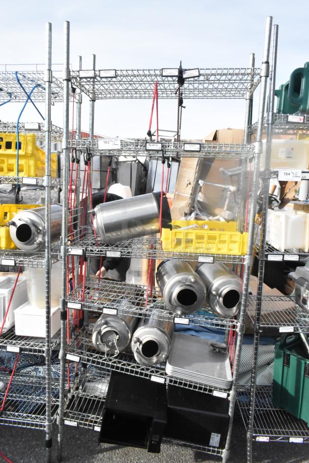 Chrome finish 6 tier wire shelving unit with contents including kegs. Buyer must dismantle. Consider freight charges.