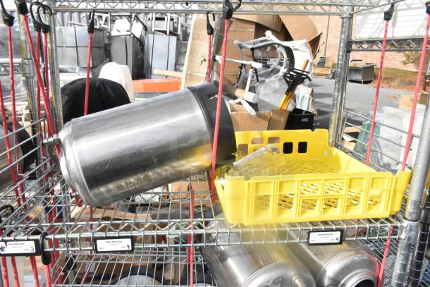 Chrome finish 6-tier wire shelving unit with stainless steel kegs and miscellaneous contents. Buyer must dismantle.