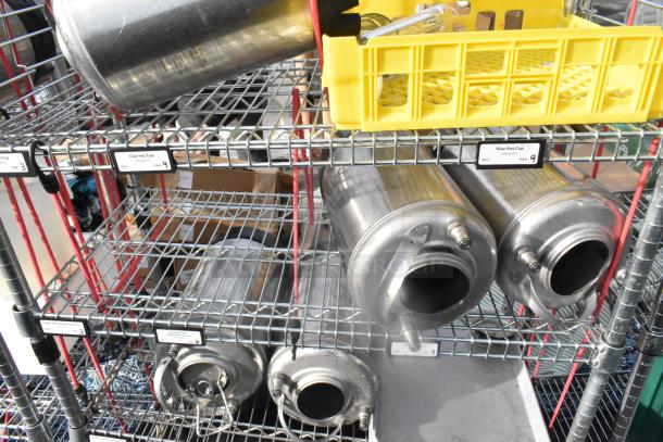 Chrome finish 6-tier wire shelving unit with kegs, requiring buyer dismantle. Freight charges apply. Labels indicate cup sizes.