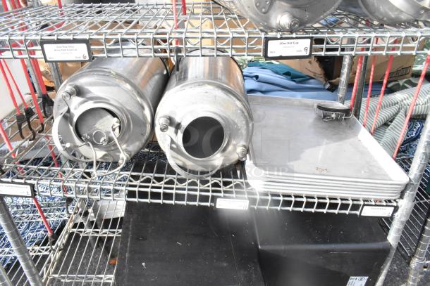 Chrome 6-tier wire shelving unit with contents including kegs. Buyer must dismantle, consider freight charges.