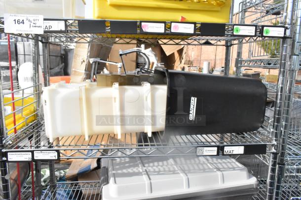 Chrome finish 5-tier wire shelving unit with contents including a poly beverage holder dispenser. Buyer must dismantle.