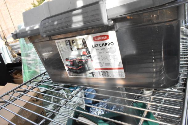 Chrome 5-tier wire shelving with contents, including Curver LatchPro 38.9QT box. Includes poly beverage holder. Buyer dismantles.