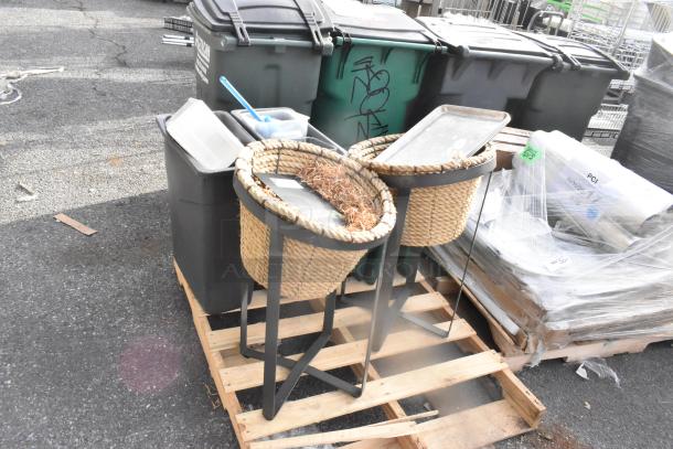 Pallet lot with basket on stand, beverage dispensers, and poly trash cans. Includes various items; sold as one lot.