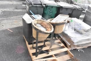 Pallet lot with basket on stand, beverage dispensers, and poly trash cans. Includes various items; sold as one lot.