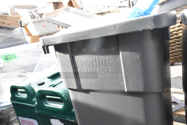 Pallet of assorted items including Carlisle Trimline trash can, green beverage dispensers, and a basket on stand. 