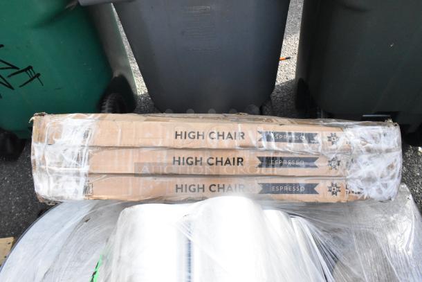 Boxes labeled "High Chair Espresso" wrapped in plastic, new condition, part of a 21-item auction lot.