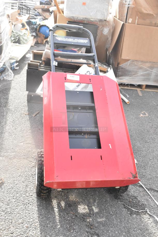Brand new Magliner 1,000 lb motorized hand truck, red. Features 13" aggressive tread pneumatic wheels. Scratch and dent.