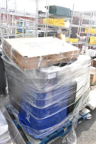 Shrink-wrapped pallet with Regency 24"x36" NSF green epoxy wire shelf box and poly trash cans. New, scratch and dent items.