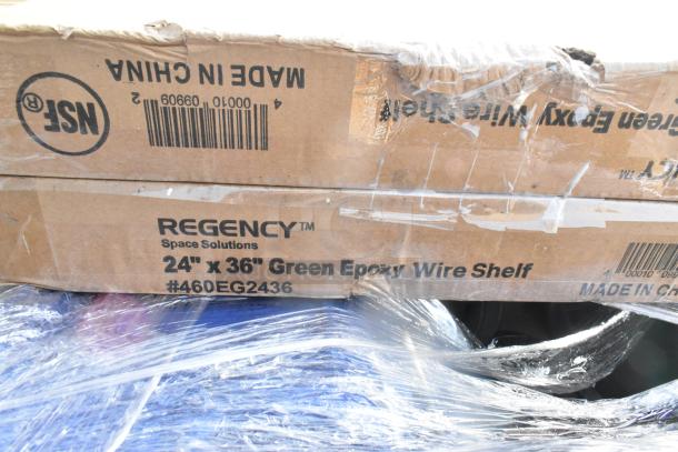 6 new items, including Regency 24" x 36" NSF green epoxy wire shelf #460EG2436, in original packaging, slight defects.