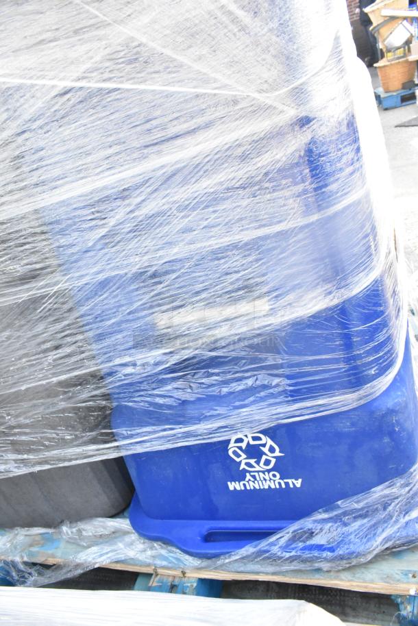 Six brand new scratch and dent items, including Regency 460EG2436 24"x36" NSF green epoxy wire shelf, wrapped poly trash cans.