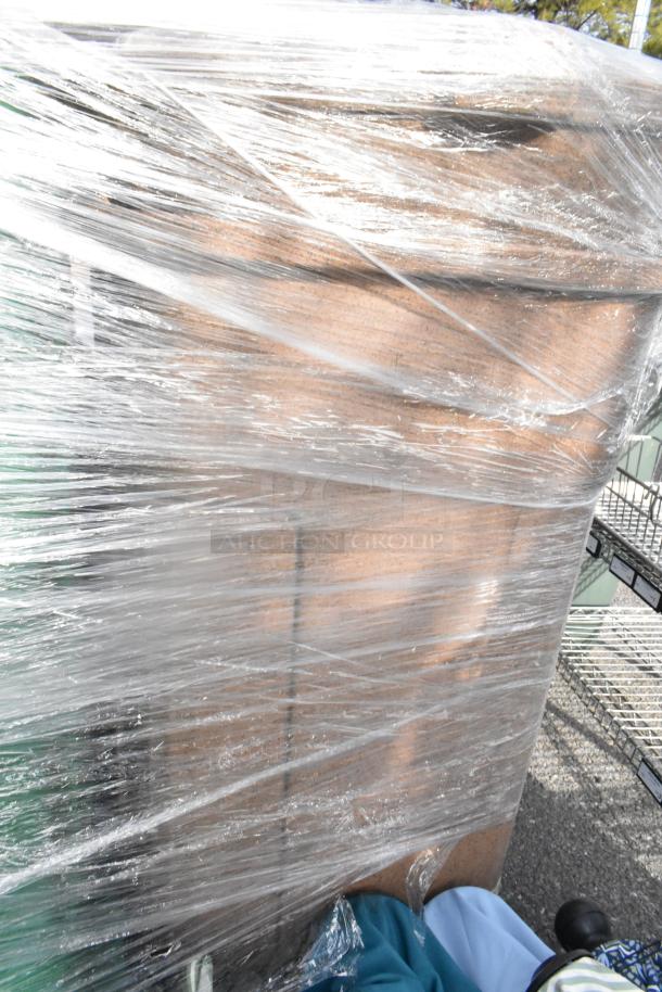 6 brand new scratch and dent items wrapped in plastic, including Regency 24" x 36" NSF wire shelf and poly trash cans.