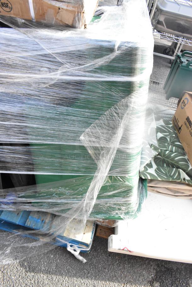 Shrink-wrapped, new scratch and dent items including Regency 460EG2436 24"x36" NSF green epoxy wire shelf, poly trash cans.