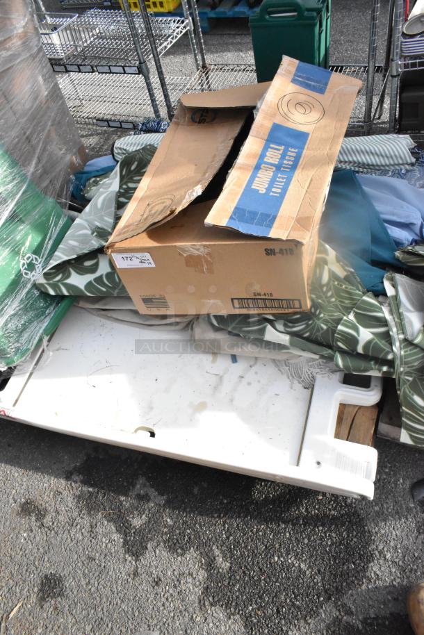 14-item auction lot including a Signicade A-frame sidewalk sign with packaging, bin, and miscellaneous items, mixed condition.