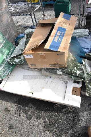 14-item auction lot including a Signicade A-frame sidewalk sign with packaging, bin, and miscellaneous items, mixed condition.