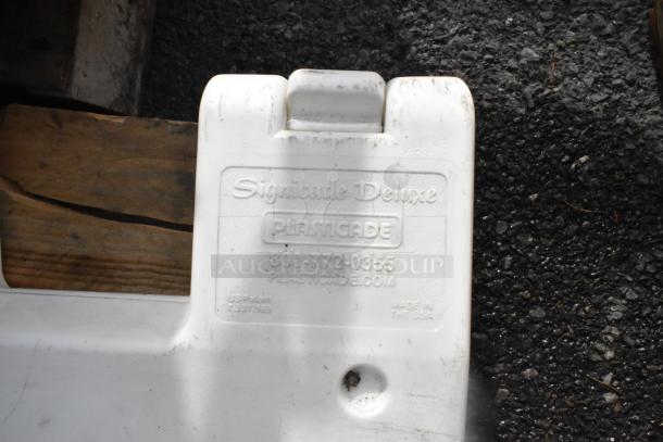 Signicade Deluxe A-frame sidewalk sign, made by Plasticade. Details show patent number and contact info. Used condition.