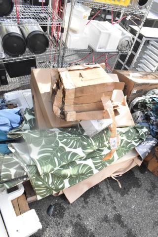 Assorted items including SK-12P convex mirrors, BRDUAL-V foil inflator, and fabric with leaf pattern. Some items in boxes.