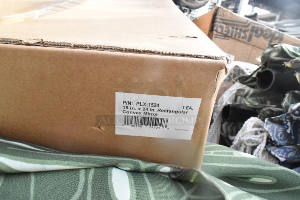 Cardboard box with P/N: PLX-1524, containing a 15x24 in. rectangular convex mirror, made in China.