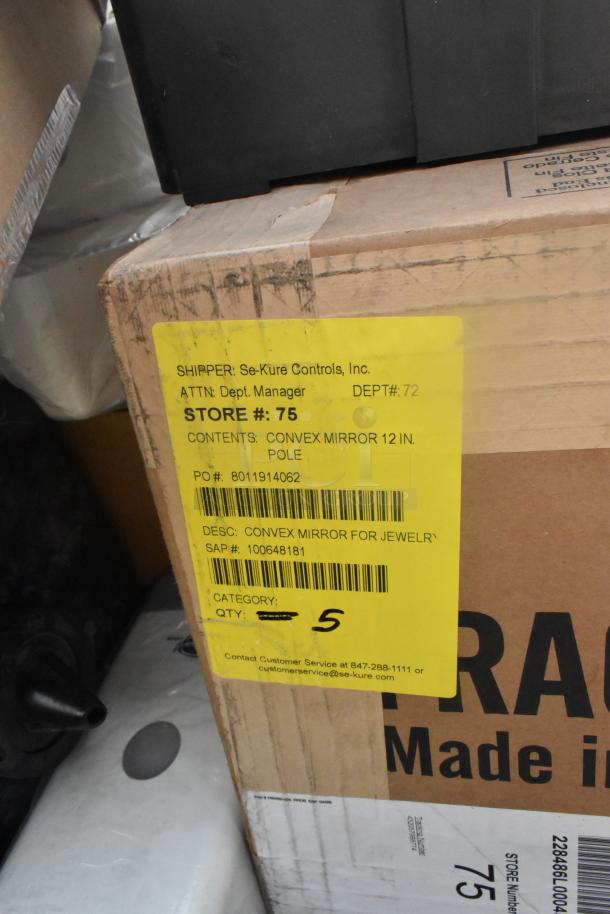 Box containing Se-Kure Controls convex mirrors labeled for jewelry use. Quantity 5, marked for Store 75.