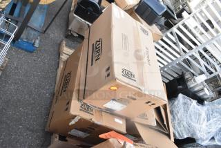 Three sealed boxes labeled "Zurn" containing Z5755-U white washdown urinals. Boxes are marked fragile, on a pallet.