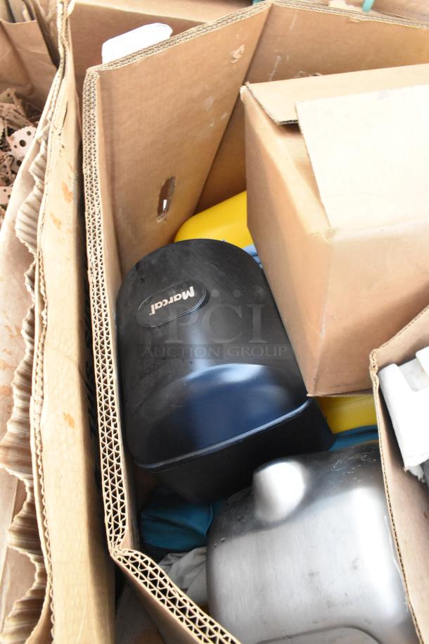 Box containing 16 items including an Xlerator hand dryer, yellow tubes, and a Marcal dispenser. Mixed condition.