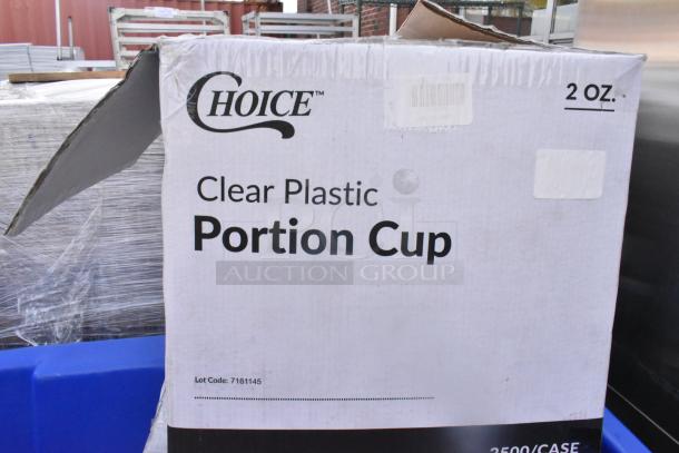 Box of Choice clear plastic portion cups, 2 oz, 2500 per case, Lot Code: 7161145, new condition.