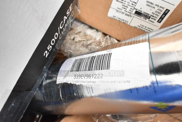 Barcoded Lavex item tag displaying model 339EV961222, listing details for a 5 Micron Filter Cartridge, 1.67 GPM capacity.