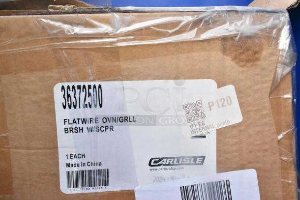 Cardboard box with label reading "Flatwire Oven/Grill Brush with Scraper 36372500, 1 Each, Made in China, Carlisle."