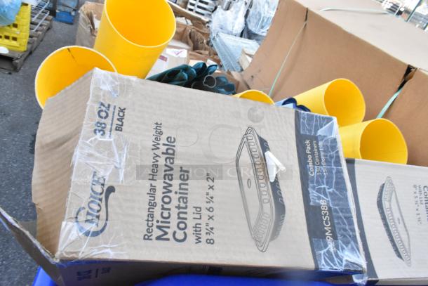 Cardboard box of Choice 38 oz black microwavable containers, slightly damaged packaging. Includes Lavex tilt trucks, filter cartridges, sealing film.