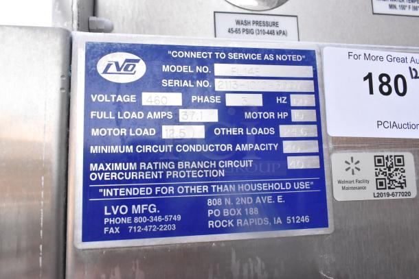 LVO FL14E stainless steel commercial pot and pan washer, 460V, 3 phase, front load. Manufacturer and specs label visible.