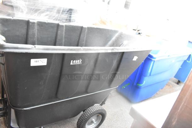 Two new Lavex tilt trucks, black and blue, with visible logo and wheels. Black: 74x34x45, Blue: 72x30x38.5 inches.