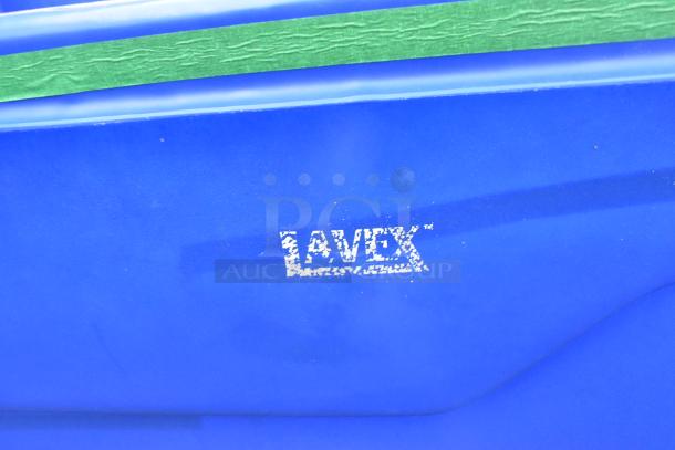 Brand new Lavex tilt truck, blue, with visible logo. Dimensions: 72x30x38.5 inches. Scratch and dent condition.