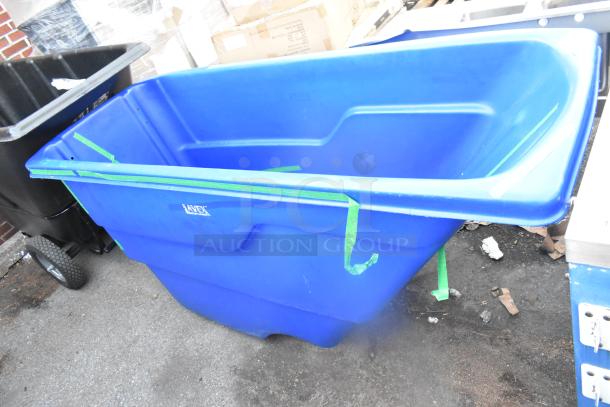 Brand new Lavex tilt truck, blue, 74x34x45 inches, scratch and dent condition, logo visible. Comes with a black variant.