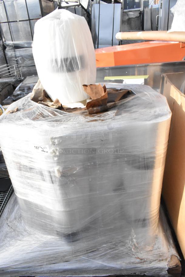 22 BRAND NEW SCRATCH AND DENT 100GARPLABAG plastic bags. Wrapped pallet of bags, minor packaging damage visible.