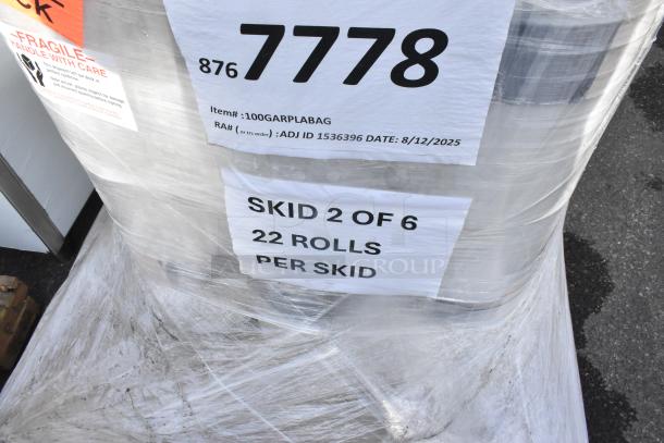 Skid of 22 BRAND NEW SCRATCH AND DENT 100GARPLABAG plastic bags, marked as skid 2 of 6. Labels indicate item details.