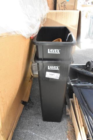 Lavex 23 Gallon black slim trash can, rectangular, scratch and dent, brand new, labeled with item 189 and quantity 2.