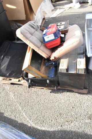 8 assorted items including seat cushions, gray 12-drawer cubby, and toolbox on a pallet, various conditions.
