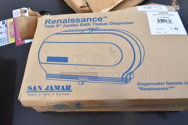 Brand new San Jamar R4000TBK Twin Classic Double Roll Jumbo Toilet Tissue Dispenser in original packaging.