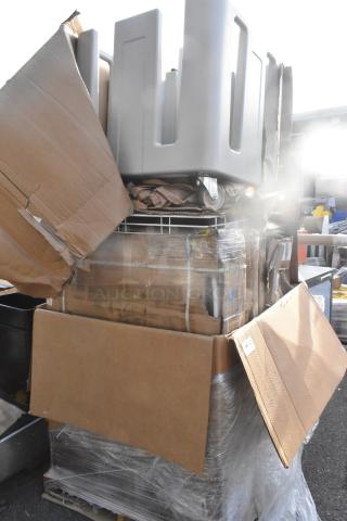 16 new scratch and dent items on a pallet. Includes Lancaster solid wood table tops and Noble dish dolly in cardboard boxes.