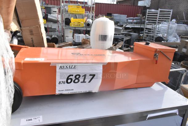 BRAND NEW Fryclone 259OS100, 70-100 lb. fryer oil shuttle. Visible labels, minor scratches. Resale sticker with item details.