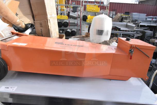 Brand new 259OS100 Fryclone fryer oil shuttle, 70-100 lb. capacity, orange, scratch and dent condition, visible handling marks.